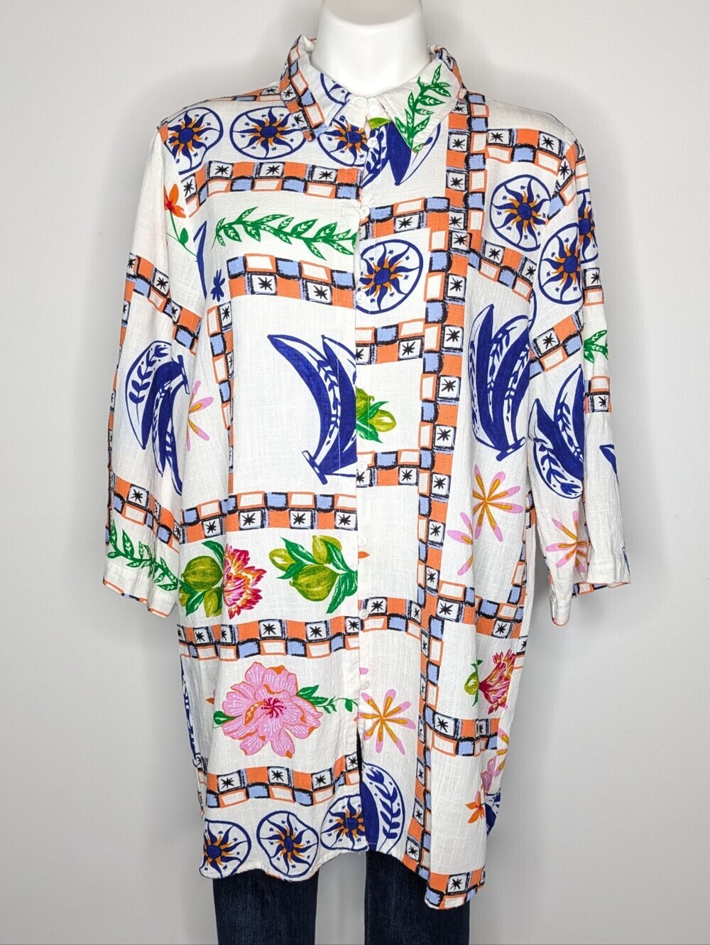 Label Of Love White Blue Tropical Fruit Flower Linen Blend Button Up Tunic Top L
